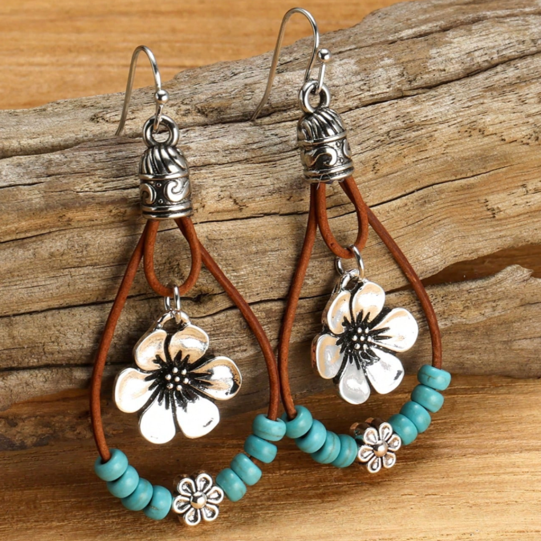 Boho Silver Flower Turquoise Earrings