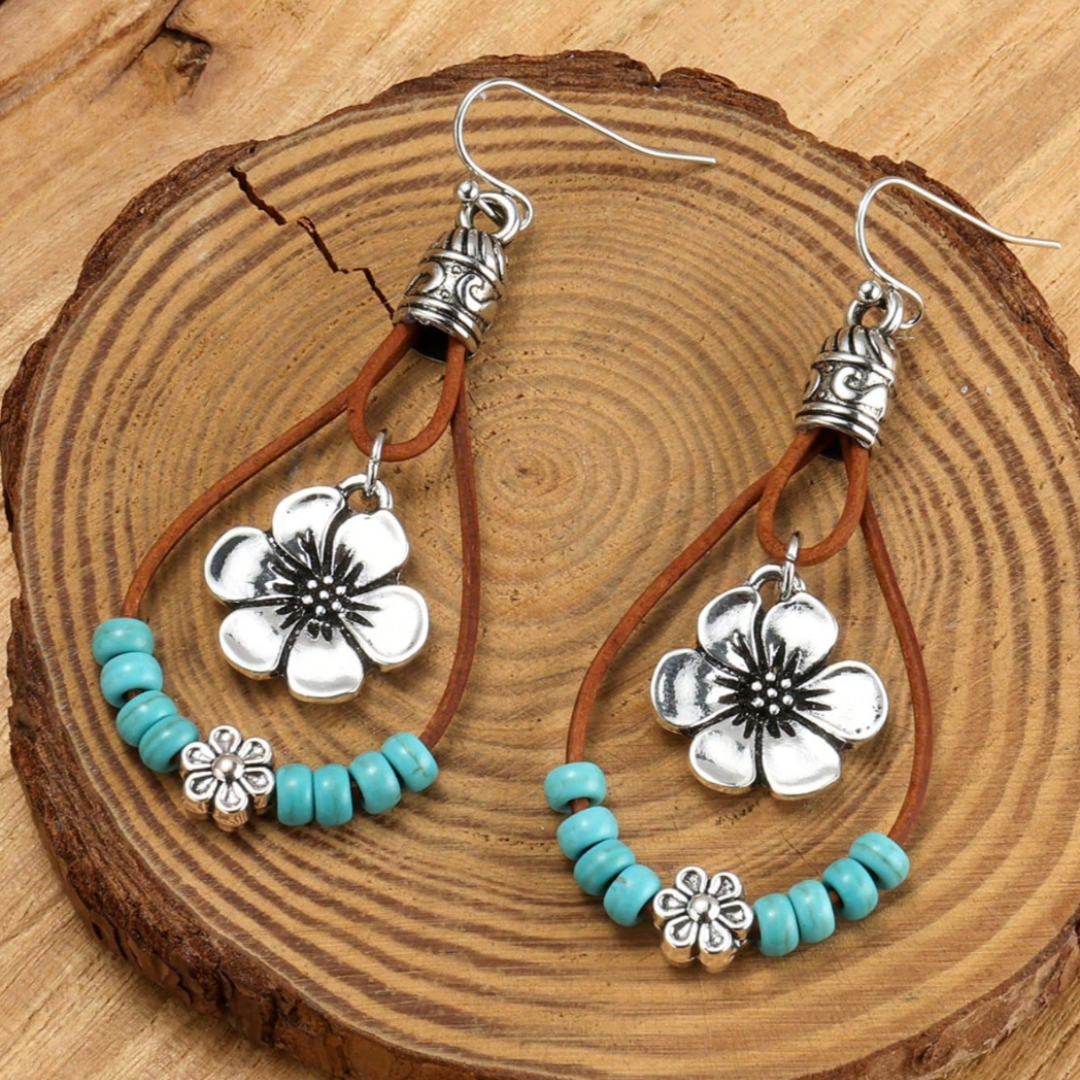 Boho Silver Flower Turquoise Earrings