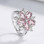PINK CHERRY BLOSSOM CRYSTAL SILVER RING - (ADJUSTABLE)