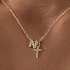 Dainty Diamond Initial & Cross Necklace