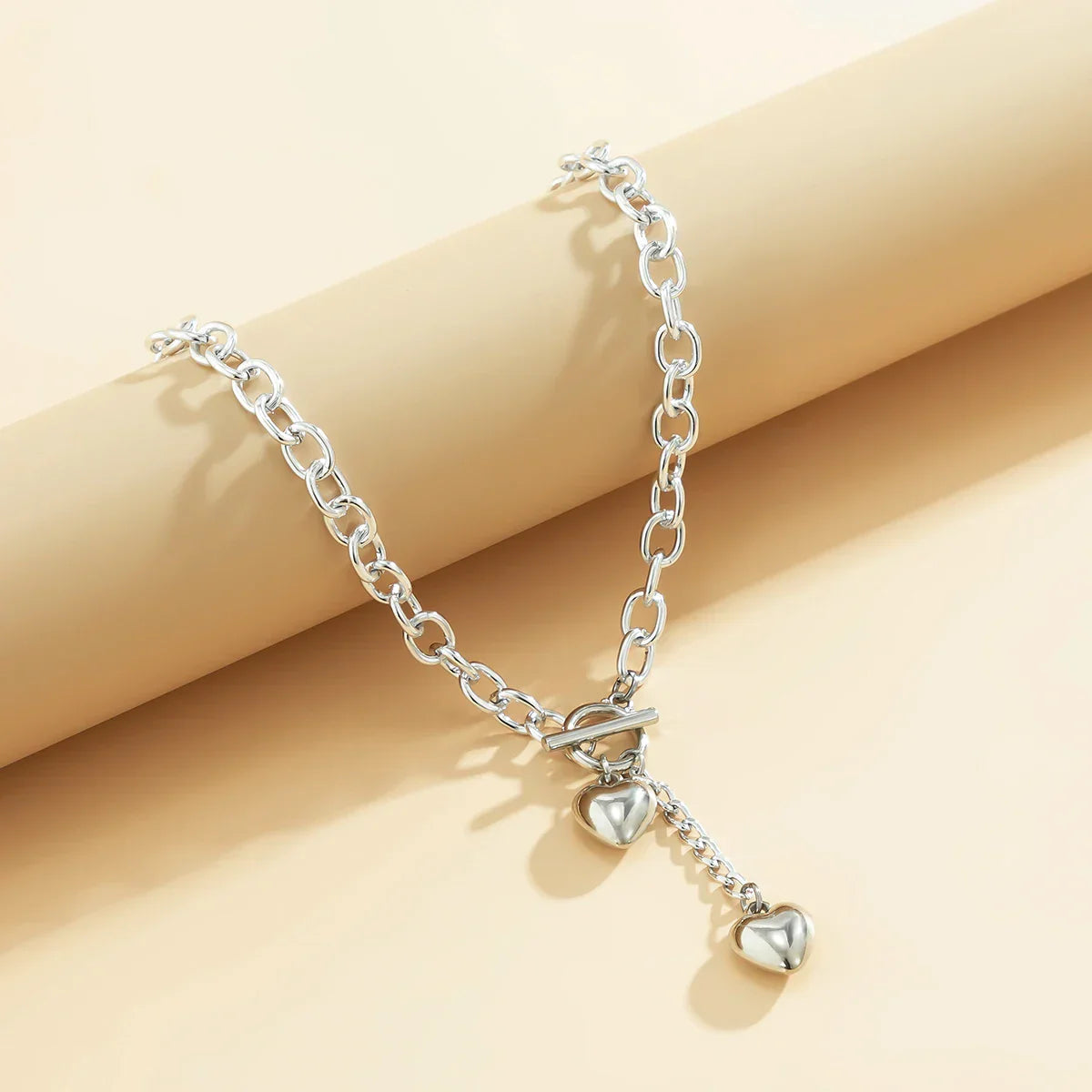 Bold Chunky Chain Link Dual Heart Lariat Necklace & Bracelet