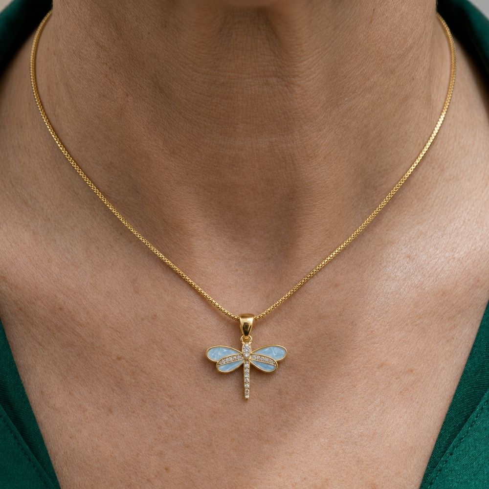 Dragonfly Necklace in Gold with Opal