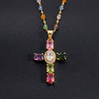 Dainty Colorful Gem Set Cross Necklace