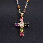 Dainty Colorful Gem Set Cross Necklace