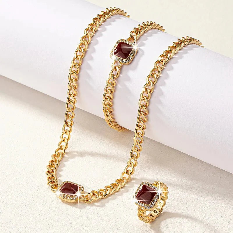 Cuban Square Diamond Necklace, Bracelet, and Ring Set