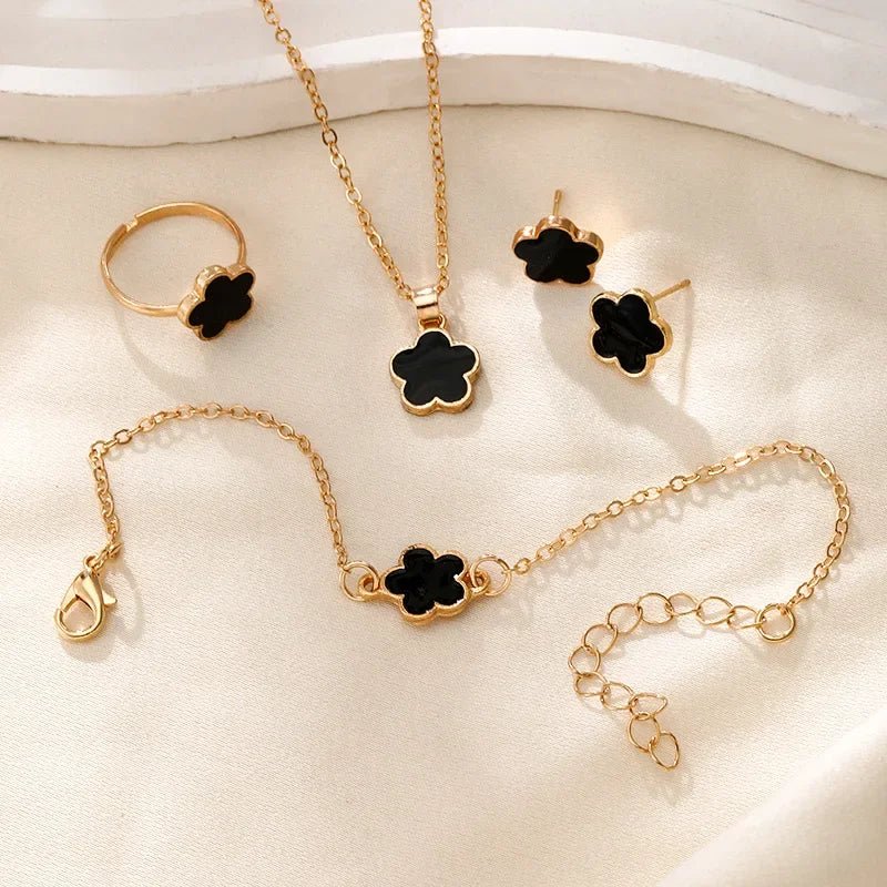 Dainty Lucky Floral Clover Necklace, Bracelet, Earrings, and Rings Set