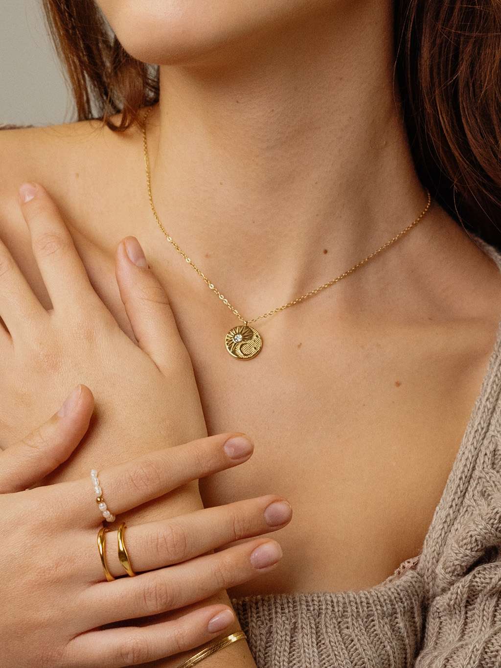 Sun and Moon Pendant Necklace Gold
